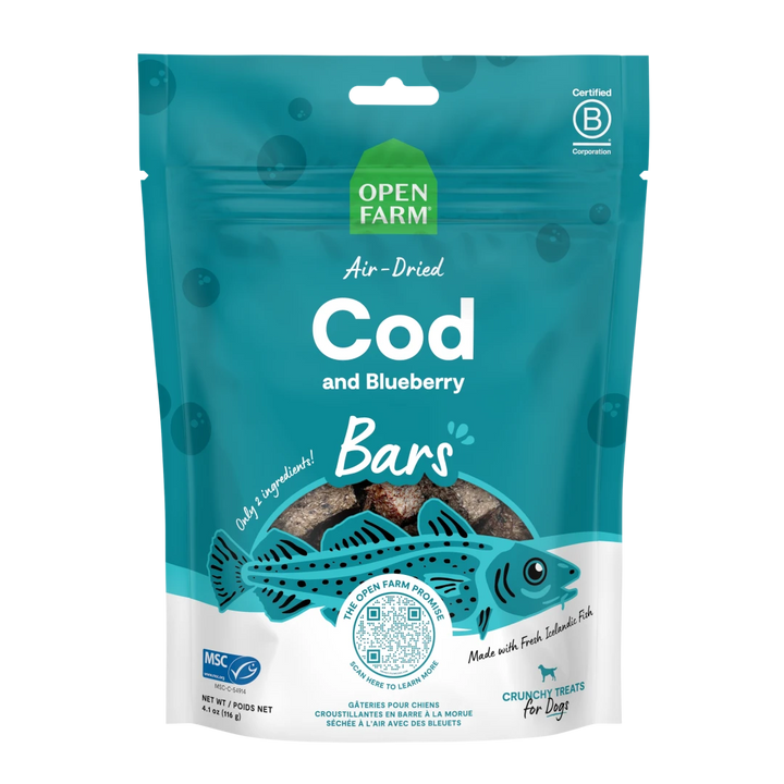 Open Farm Dog Treat Air Dried Cod Blueberry Bars 4.1 oz