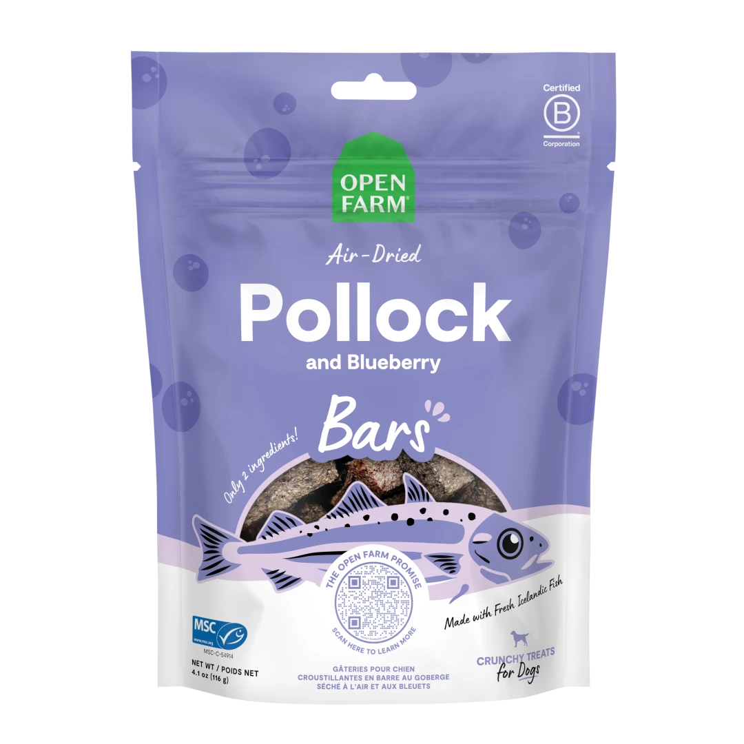 Open Farm Dog Treat Air Dried Pollock Blueberry Bars 4.1 oz