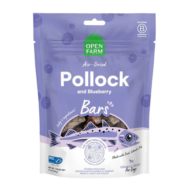 Open Farm Dog Treat Air Dried Pollock Blueberry Bars 4.1 oz