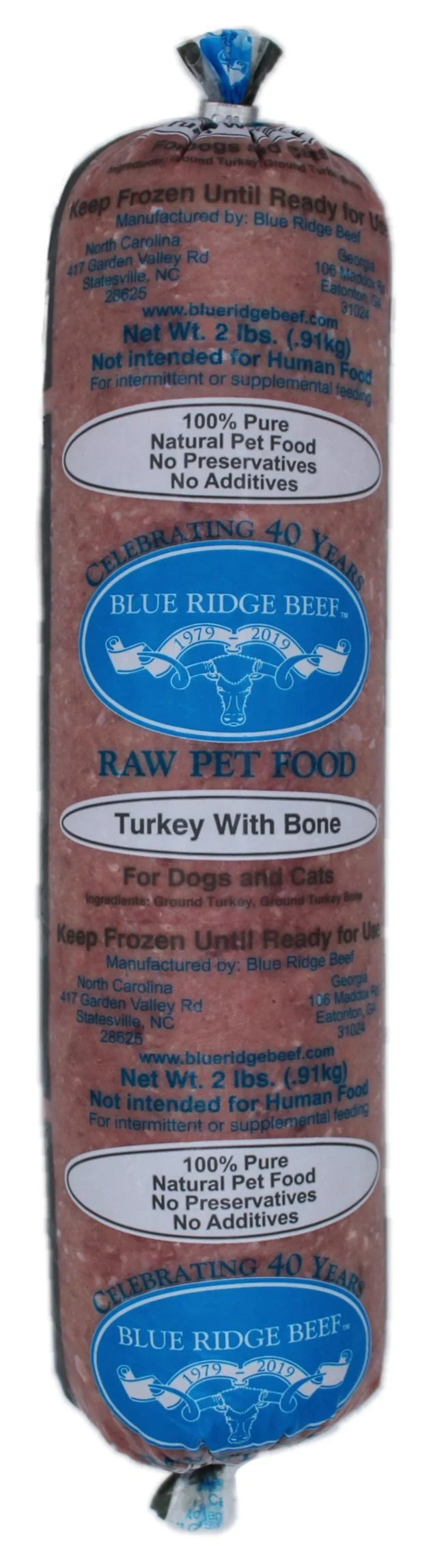 Blue Ridge Beef Dog Cat Frozen Turkey w Bone 2LB Chubs