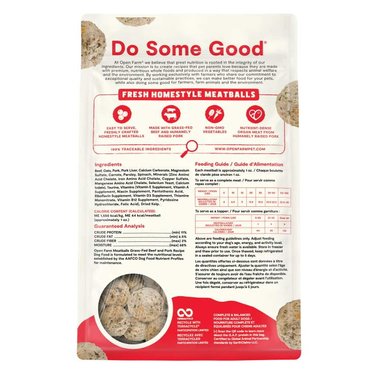 Open Farm Dog Frozen Meatballs Beef Pork 14 oz
