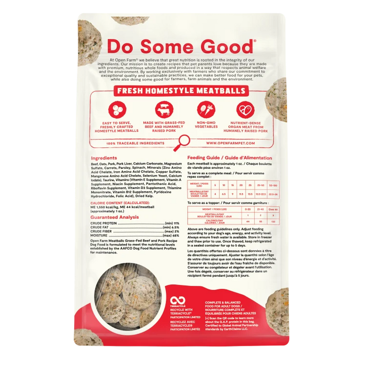 Open Farm Dog Frozen Meatballs Beef Pork 14 oz