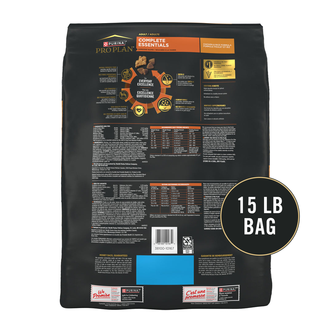 ProPlan Shredded Blend Chicken Rice Dog 15 lb back