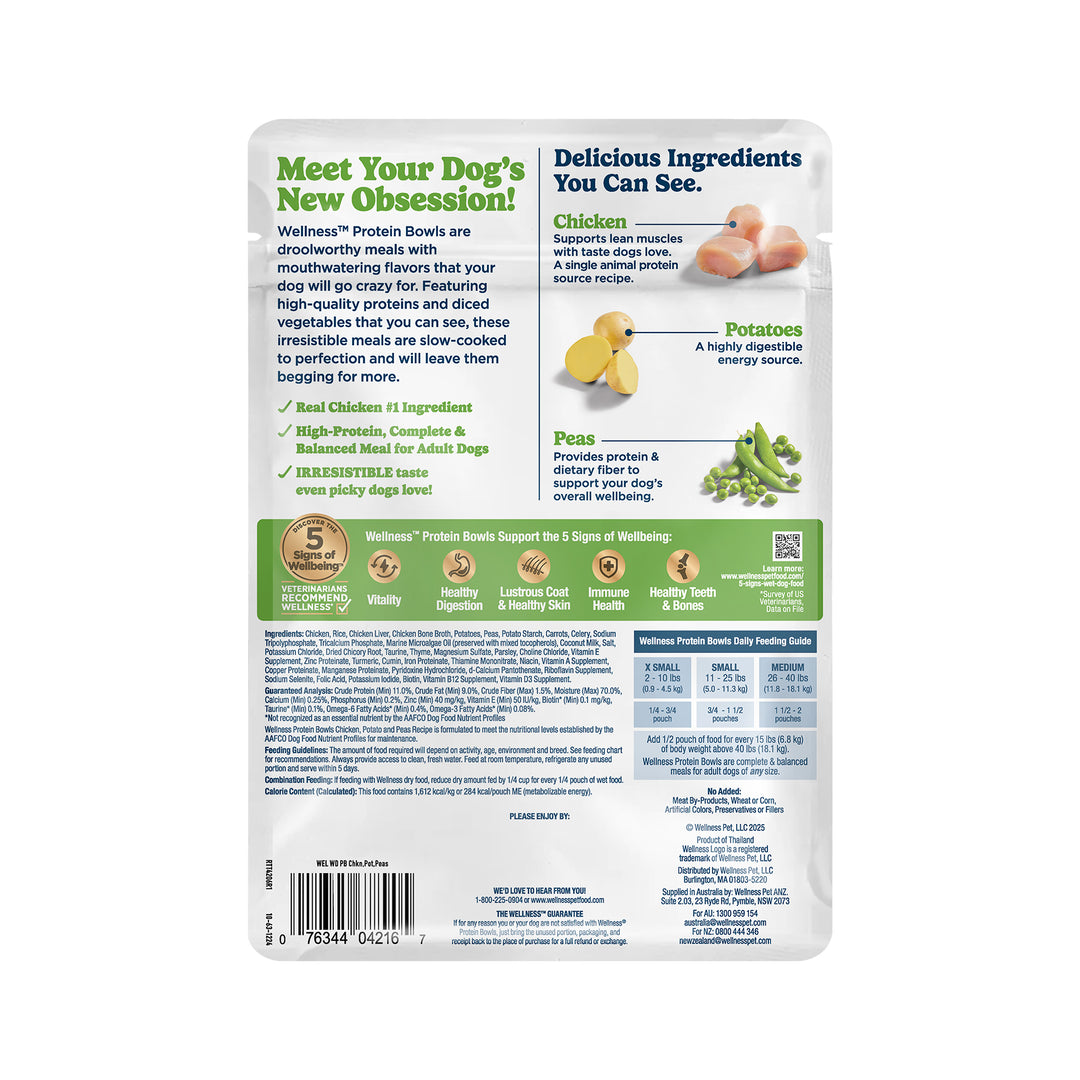 Wellness Protein Bowls, Adult Fresh Alternative Dog Food, Wholesome Grains, 6.2 Ounce Pouch, 6 Pack, (Chicken, Potato &amp; Peas Recipe)