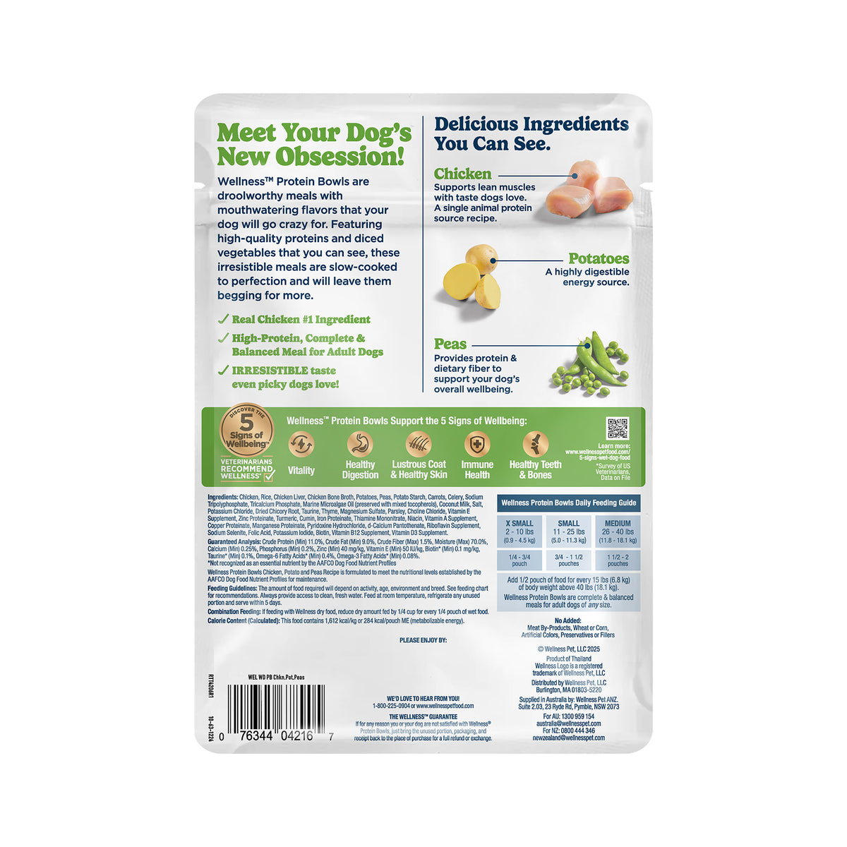Wellness Protein Bowls, Adult Fresh Alternative Dog Food, Wholesome Grains, 6.2 Ounce Pouch, 6 Pack, (Chicken, Potato & Peas Recipe)