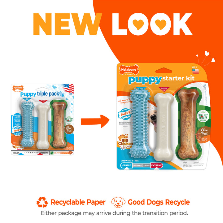 Nylabone Puppy Chew Starter Kit Chew Toy with Chew Treat Chicken &amp; Bacon Blue Small (3 Count)