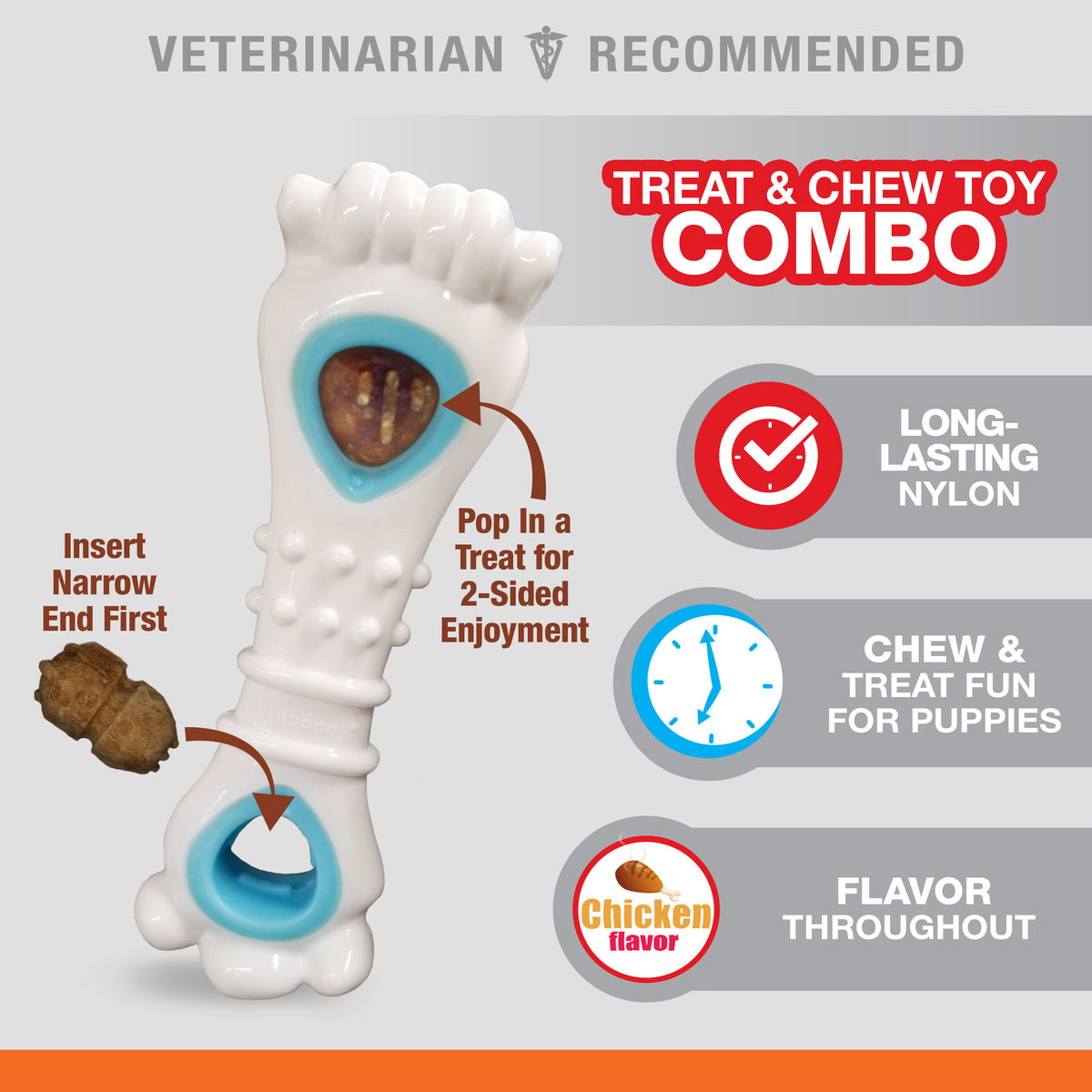 Nylabone Puppy Power Chew Knuckle Bone Pop-In Treat Toy & Treat Combo Chicken Medium (1 Count)