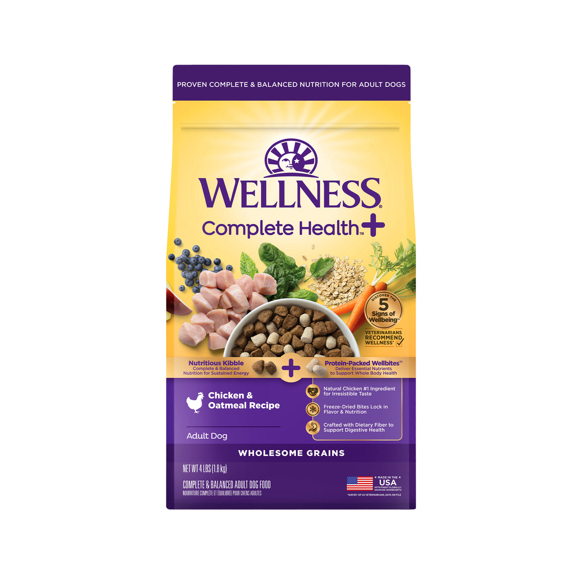 Wellness Complete Health+ Dry Dog Food, Adult Chicken & Oatmeal Recipe with Freeze-Dried Wellbites (4 Pound Bag)