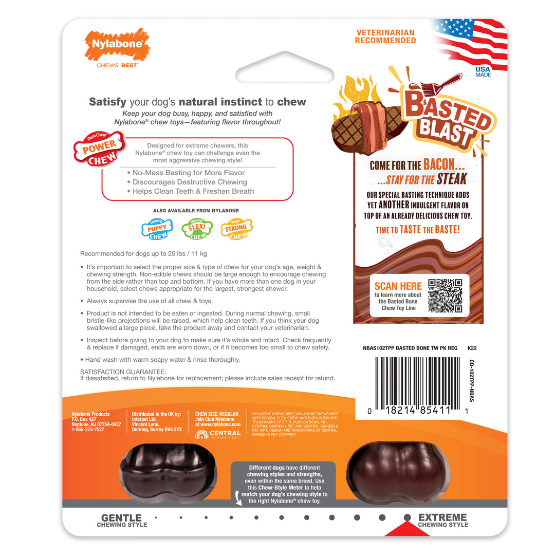 Nylabone Power Chew Basted Blast Original &amp; Textured Bone Dog Chew Toys Bacon &amp; Steak Small (2 Count)