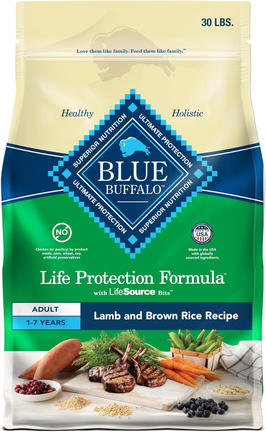 Blue Buffalo Life Protection Formula Adult Dry Dog Food, Natural Ingredients, Lamb &amp; Brown Rice Recipe, Supports Healthy Muscles, 30 lb Bag