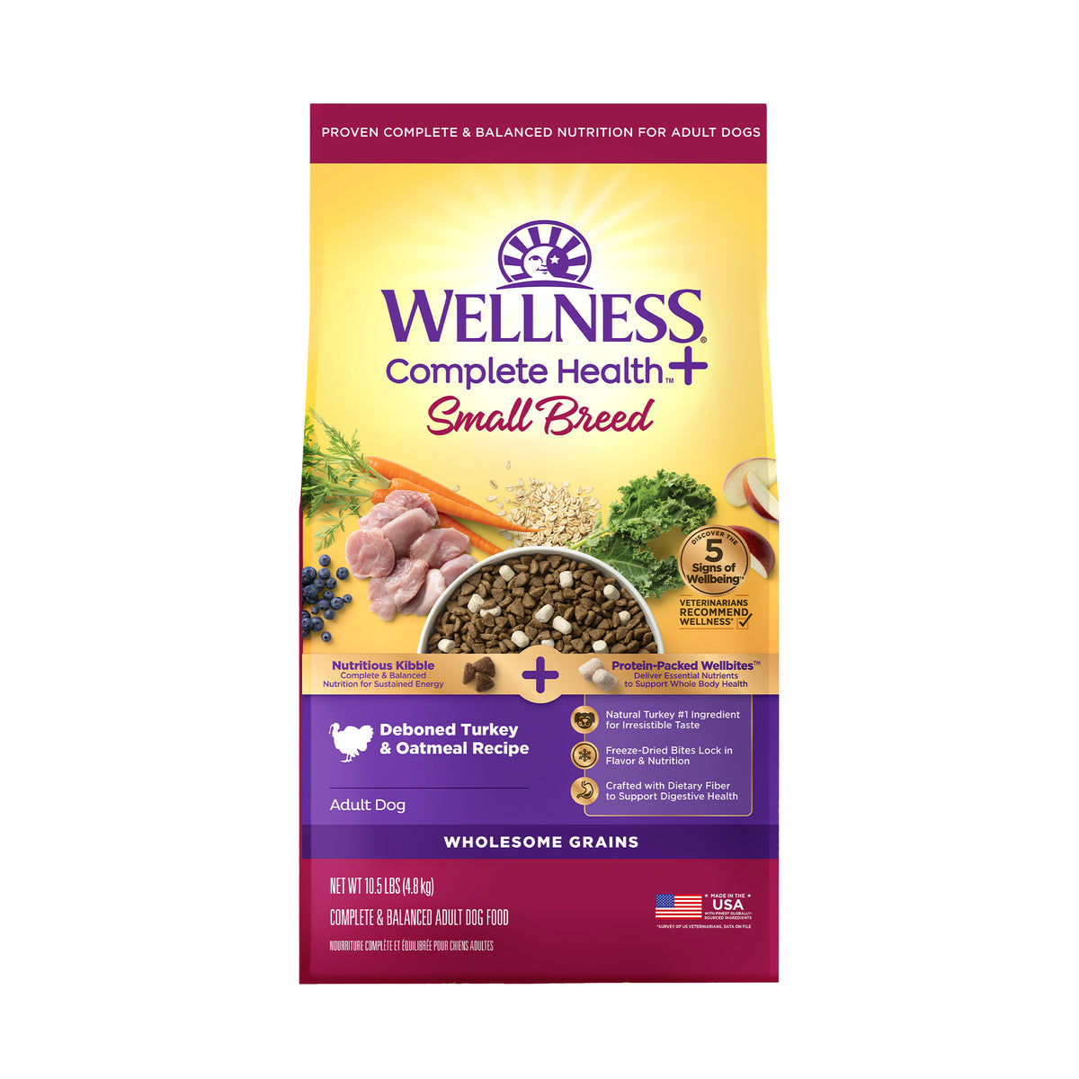 Wellness Complete Health+ Dry Dog Food, Adult Small Breed Deboned Turkey & Oatmeal Recipe with Freeze-Dried Wellbites (10.5 Pound Bag)
