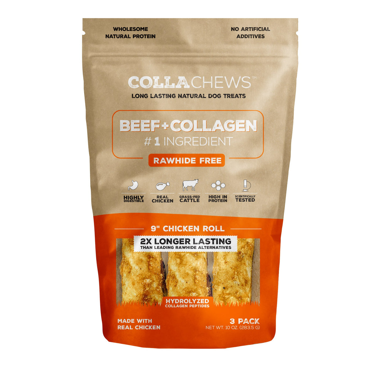 CollaChews 9in Chicken Collagen Rolls 3 Pack Bag