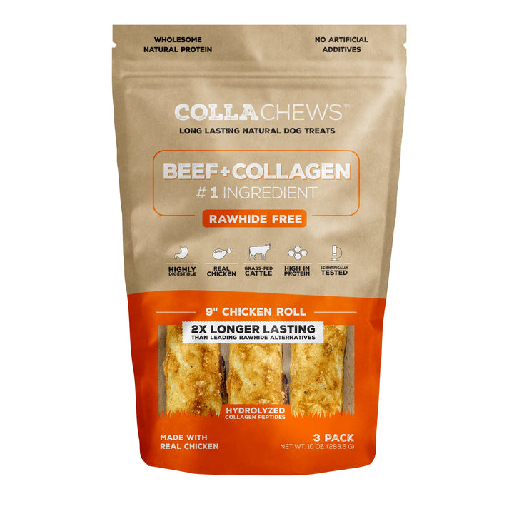 CollaChews 9in Chicken Collagen Rolls 3 Pack Bag