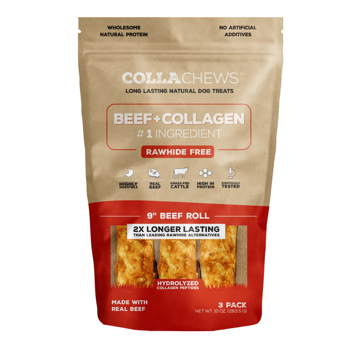 CollaChews 9in Beef Collagen Rolls 3 Pack Bag