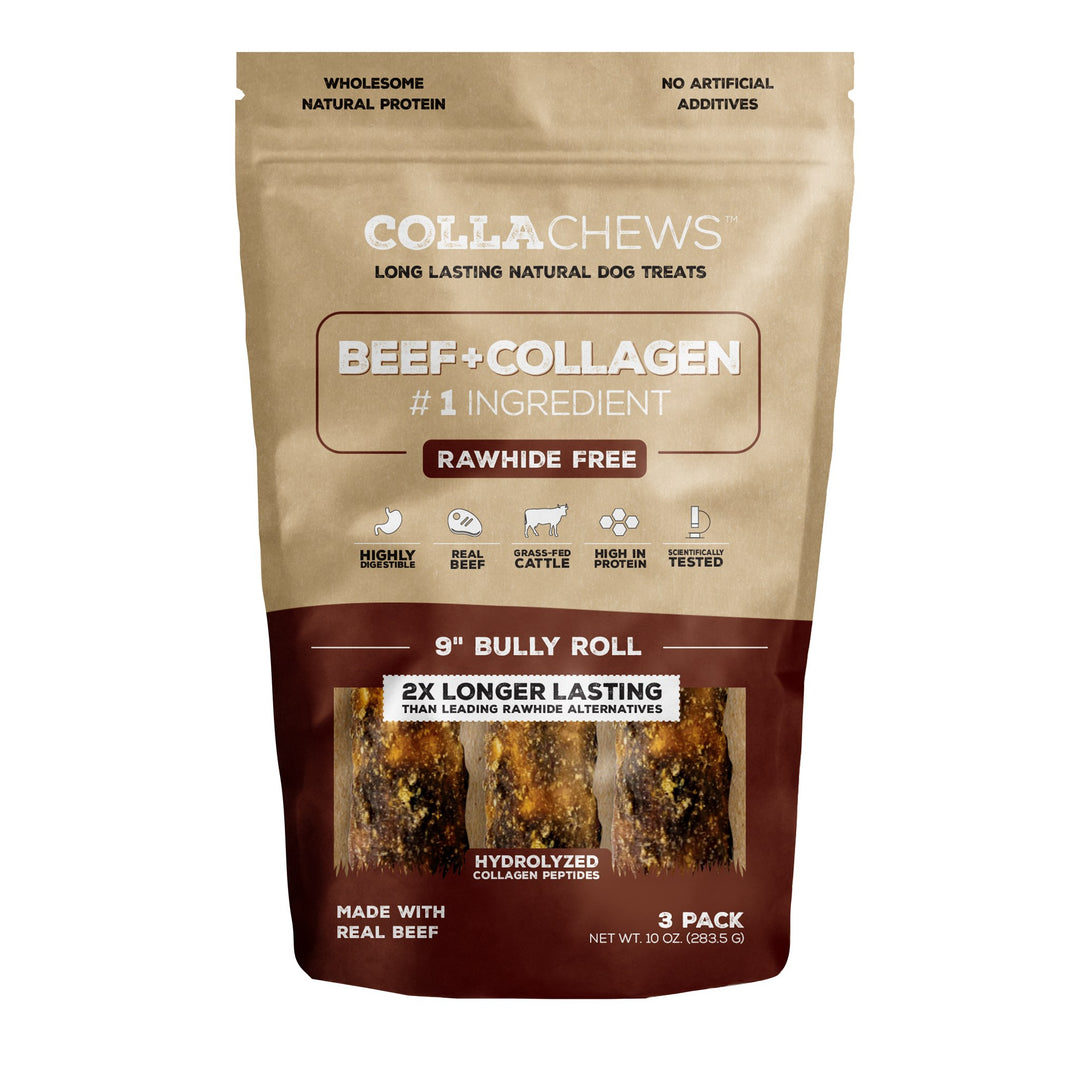 CollaChews 9in Bully Collagen Rolls 3 Pack Bag
