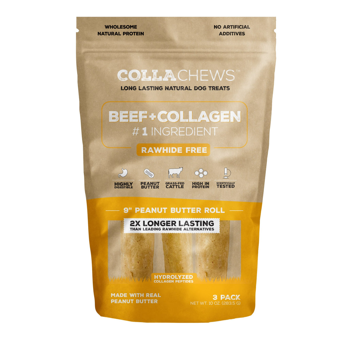 CollaChews 9in Peanut Butter Collagen Rolls 3 Pack Bag