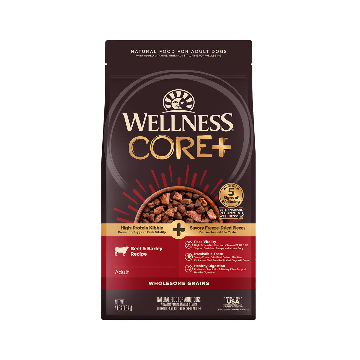 Wellness CORE+ Dry Dog Food with Freeze Dried Pieces, Wholesome Grains, High Protein, Natural, Beef & Barley Recipe, (4-Pound Bag)