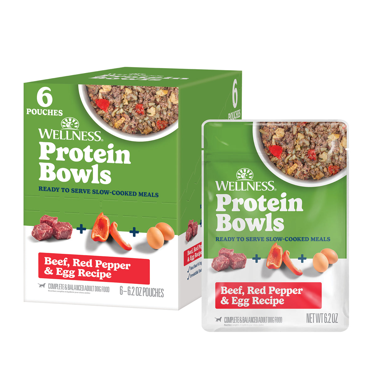 Wellness Protein Bowls, Adult Fresh Alternative Dog Food, Wholesome Grains, 6.2 Ounce Pouch, 6 Pack, (Beef, Red Pepper & Egg Recipe)