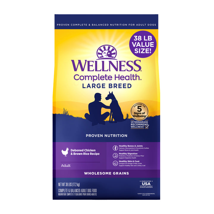 Wellness Complete Health Dry Dog Food, Large Breed, Wholesome Grains, Chicken &amp; Brown Rice Recipe, 38-Pound Bag