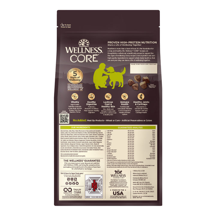 Wellness CORE Dry Dog Food, Grain-Free, High Protein, Natural, Healthy Weight Deboned Turkey, Turkey Meal &amp; Chicken Meal Recipe, (4-Pound Bag)