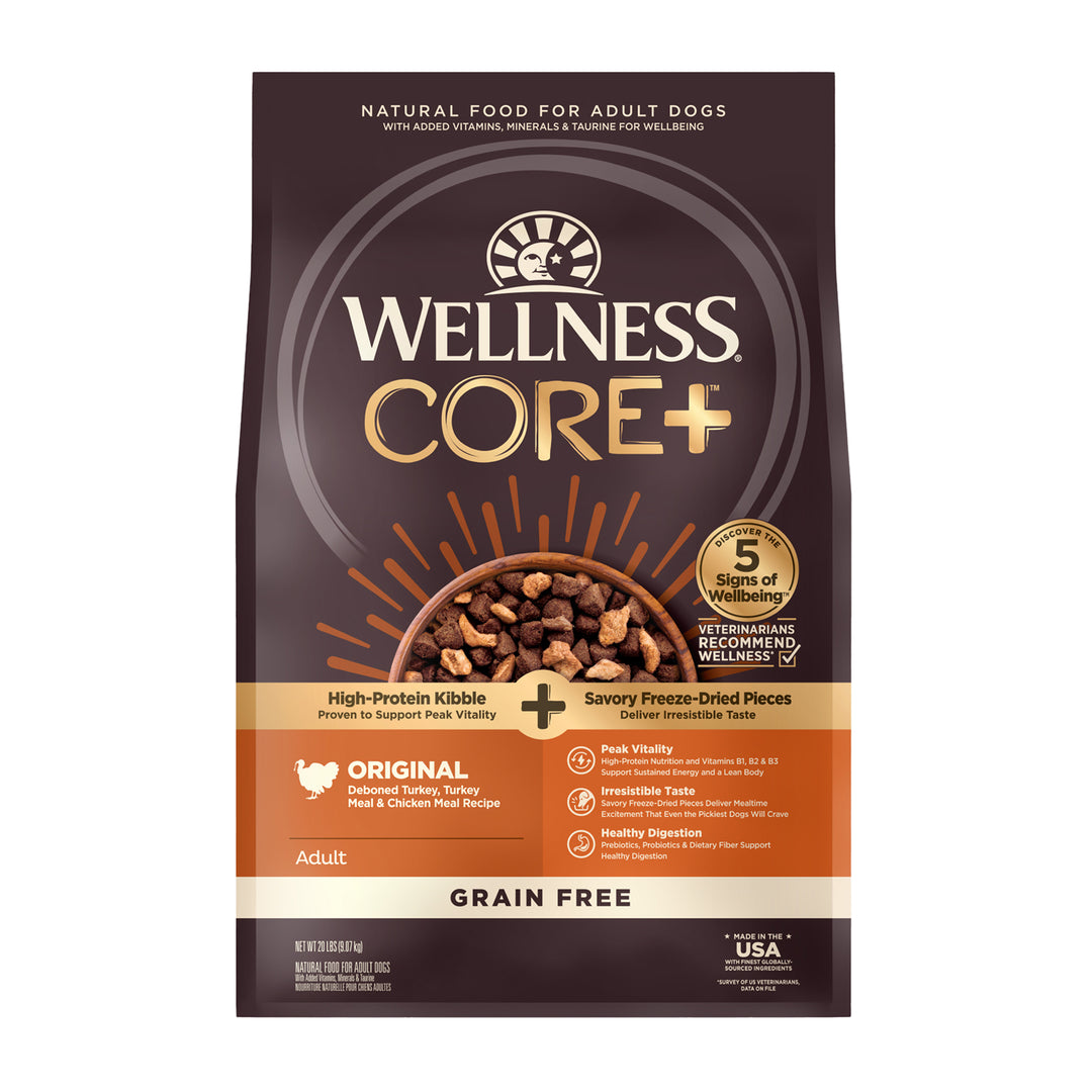 Wellness CORE+ Dry Dog Food with Freeze Dried Pieces, Grain-Free, High Protein, Natural, Original Deboned Turkey, Turkey Meal &amp; Chicken Meal Recipe, (20-Pound Bag)