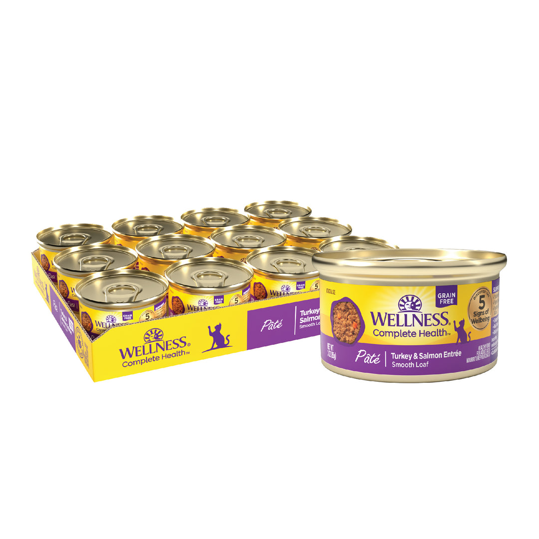 Wellness Complete Health Pate Adult Wet Cat Food, Natural, Protein-Rich, Grain Free, 3 Ounce, 24 Pack, (Turkey &amp; Salmon)
