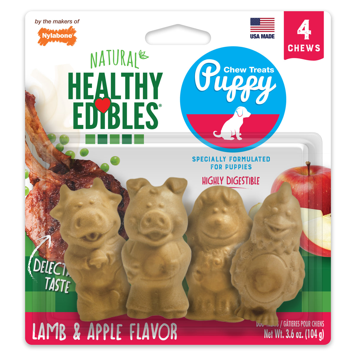 Nylabone Healthy Edibles All-Natural Long Lasting Puppy Chew Treats Lamb & Apple Small (4 Count)