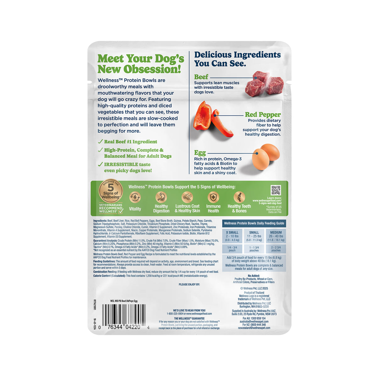 Wellness Protein Bowls, Adult Fresh Alternative Dog Food, Wholesome Grains, 6.2 Ounce Pouch, 6 Pack, (Beef, Red Pepper & Egg Recipe)