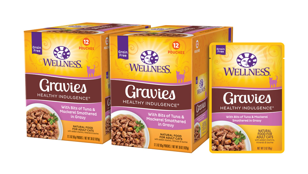 Wellness Healthy Indulgence Gravy Adult Wet Cat Food, Natural, Protein-Rich, Grain Free, 3 Ounce Pouch, 24 Pack, (Tuna &amp; Mackerel)