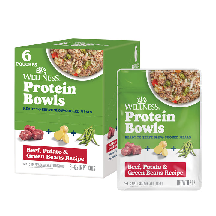 Wellness Protein Bowls, Adult Fresh Alternative Dog Food, Wholesome Grains, 6.2 Ounce Pouch, 6 Pack, (Beef, Potato &amp; Green Beans Recipe)