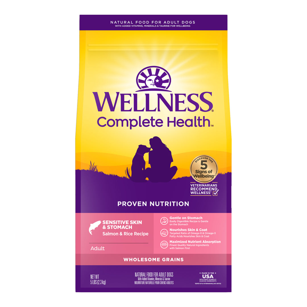 Wellness Complete Health Sensitive Skin &amp; Stomach Dry Dog Food, Wholesome Grains, Natural, Salmon &amp; Rice Recipe, (5-Pound Bag)