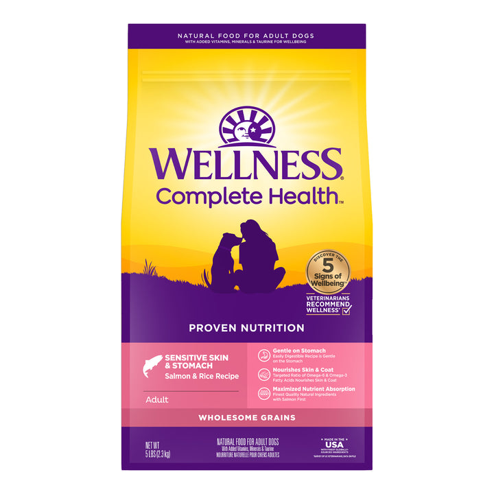 Wellness Complete Health Sensitive Skin &amp; Stomach Dry Dog Food, Wholesome Grains, Natural, Salmon &amp; Rice Recipe, (5-Pound Bag)