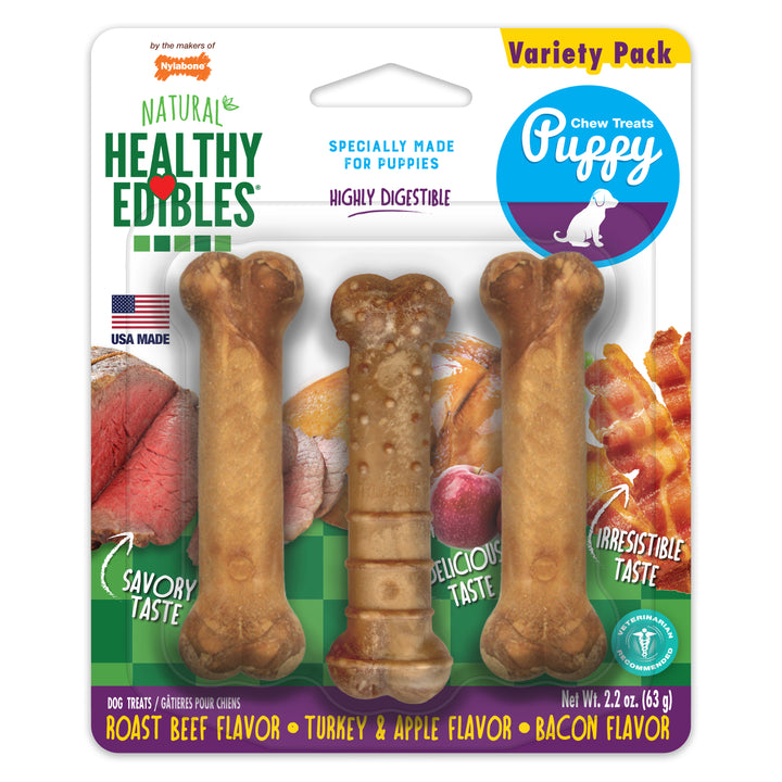 Nylabone Healthy Edibles All-Natural Long Lasting Puppy Chew Treats Roast Beef, Turkey, Apple, Bacon X-Small (3 Count)