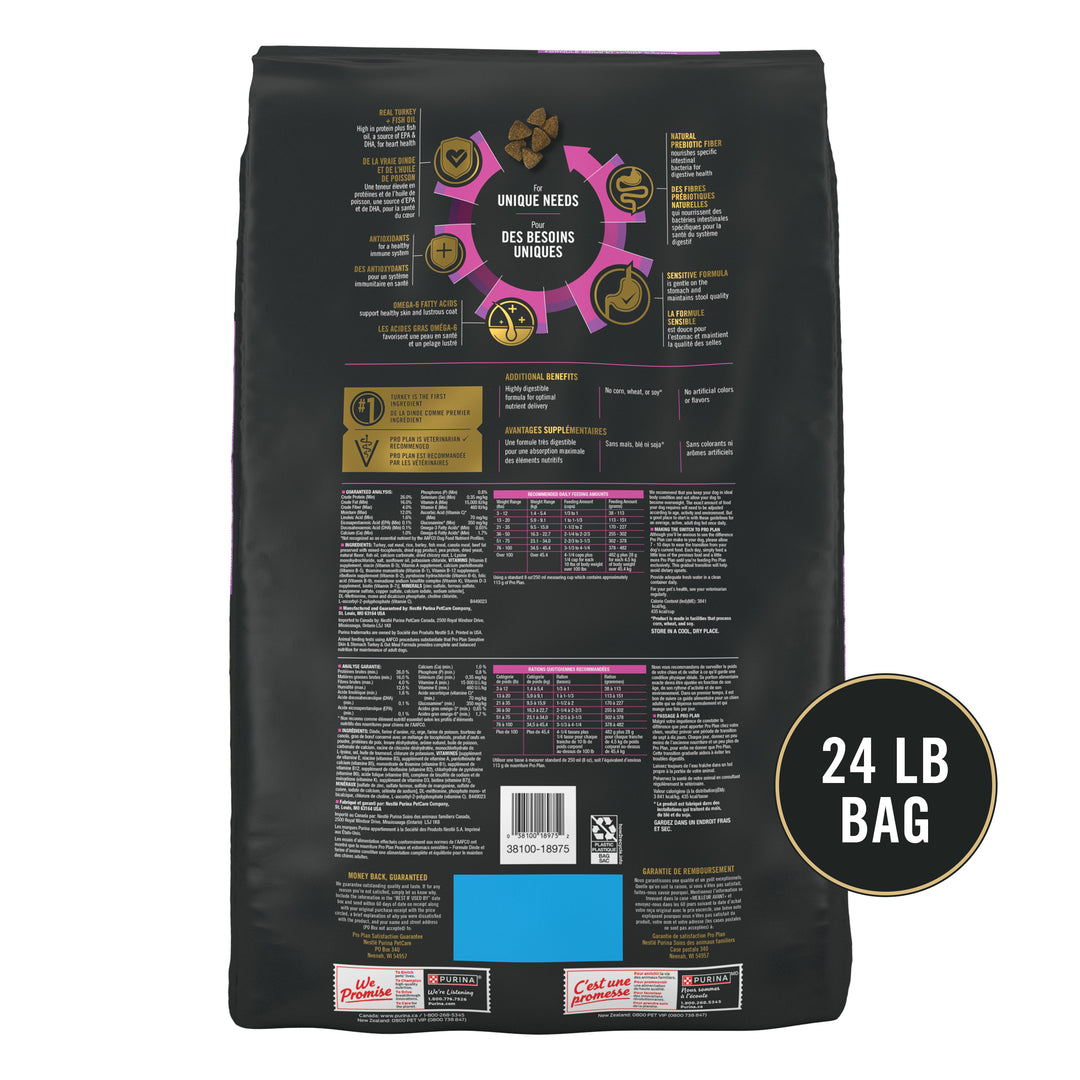 Pro Plan Sensitive Skin Stomach Turkey Oatmeal Dog 24 lb back