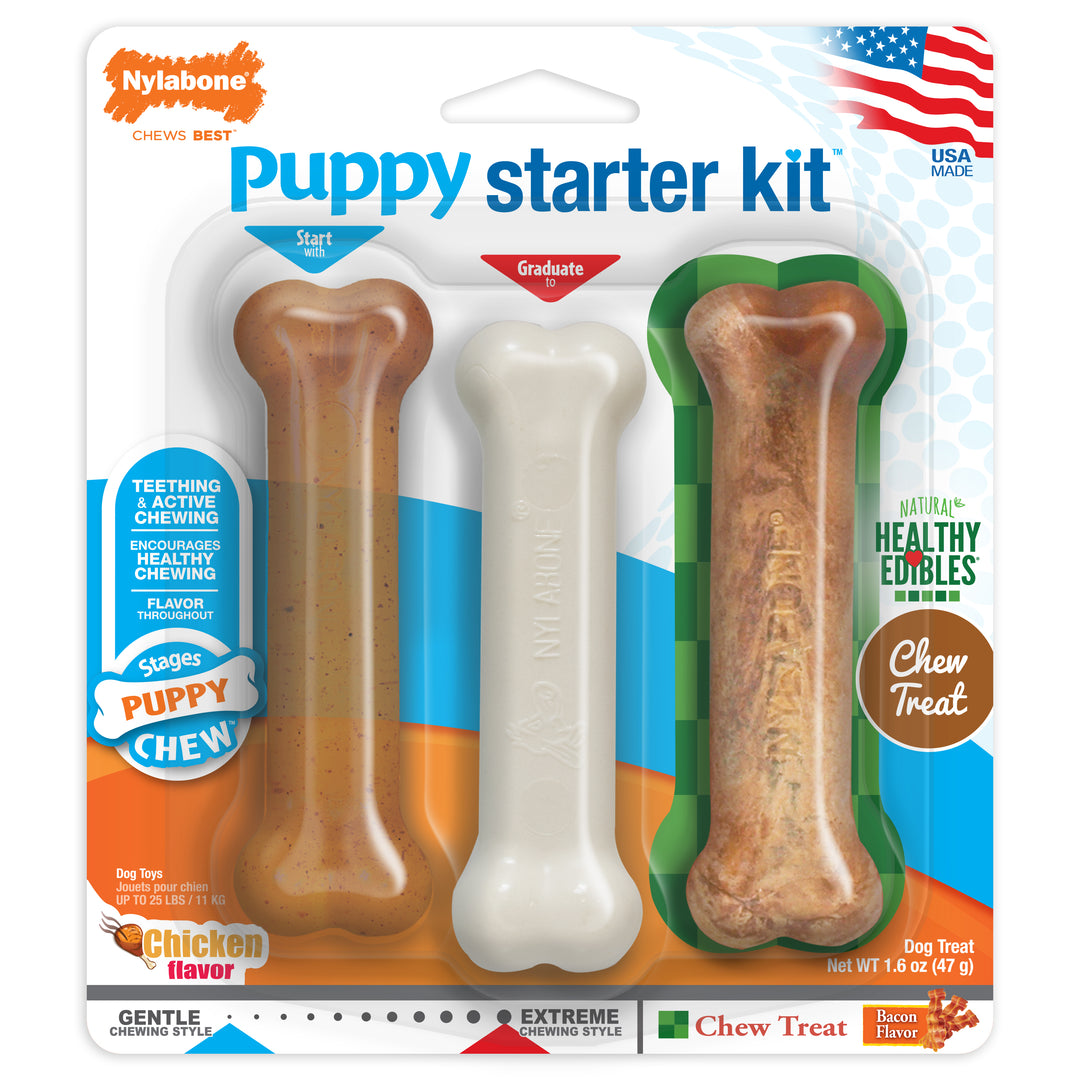 Nylabone Puppy Chew Starter Kit Chew Toy with Chew Treat Chicken &amp; Bacon Small (3 Count)