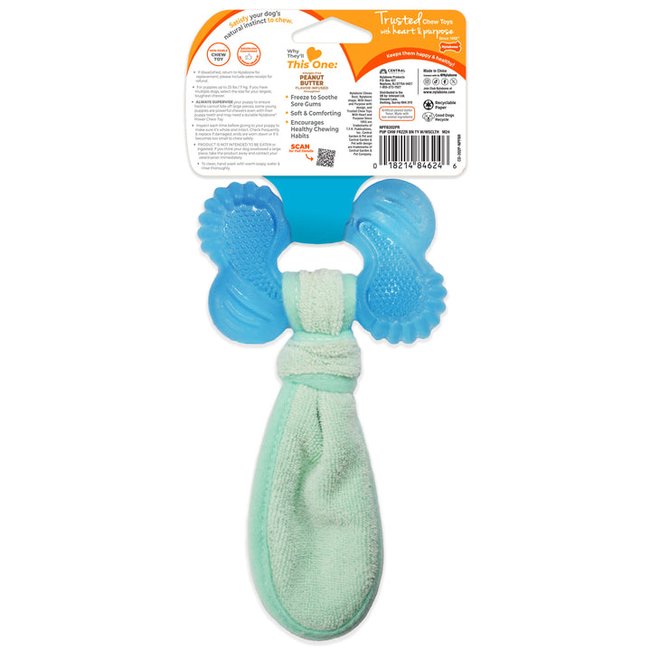 Nylabone Puppy Chew 2-in-1 Teething Freezer Bone Cloth Chew Toy Peanut Butter Blue Small (1 Count)