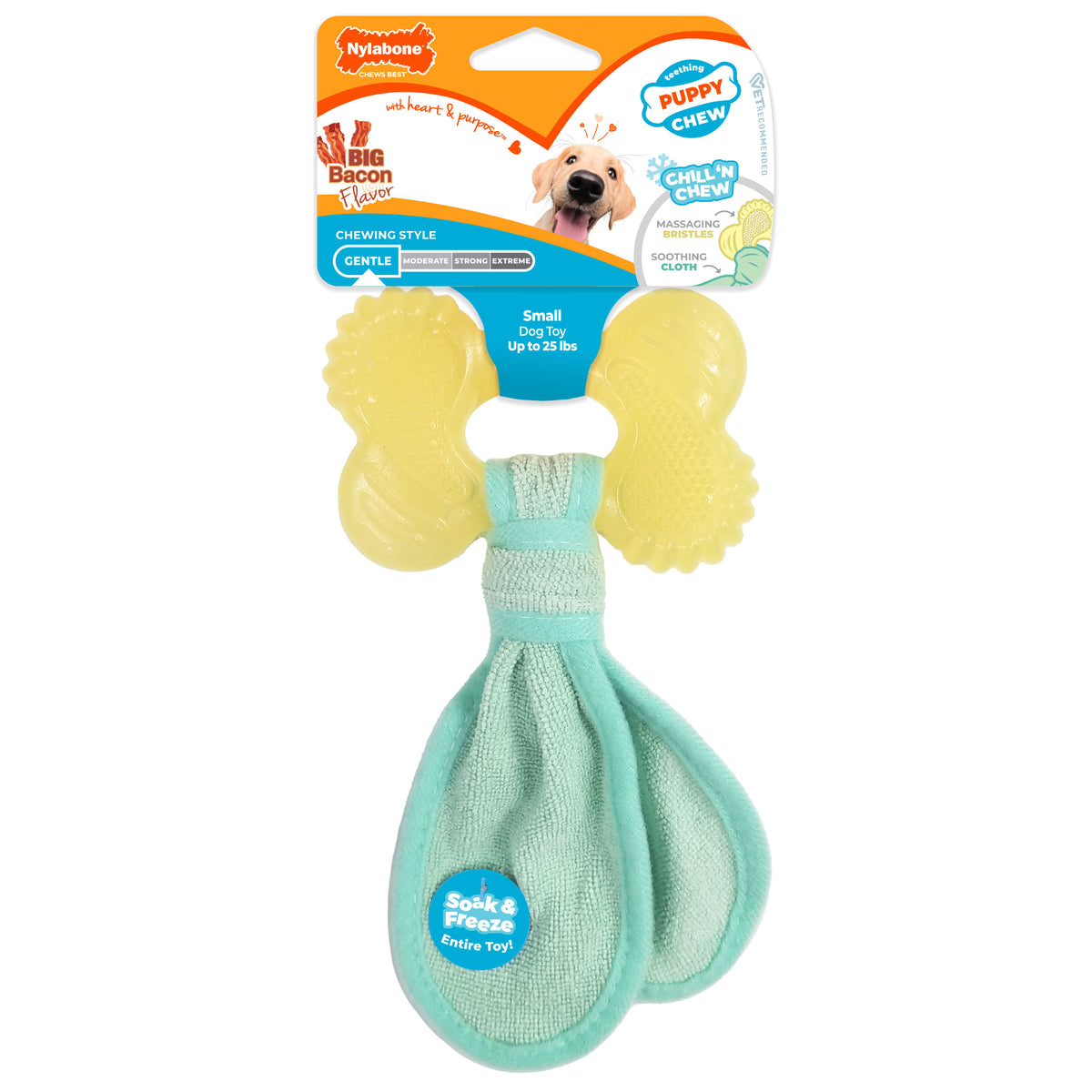 Nylabone Puppy Chew 2-in-1 Teething Freezer Bone Cloth Chew Toy Bacon Yellow Small (1 Count)
