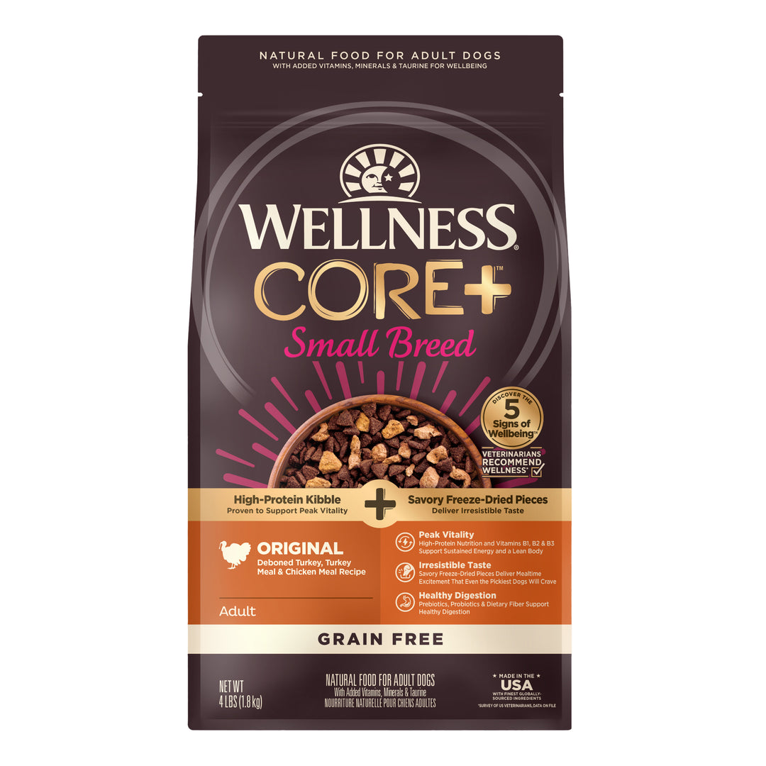 Wellness CORE+ Dry Dog Food with Freeze Dried Pieces, Small Breed, Grain-Free, High Protein, Natural, Original Deboned Turkey, Turkey Meal &amp; Chicken Meal Recipe, (4-Pound Bag)