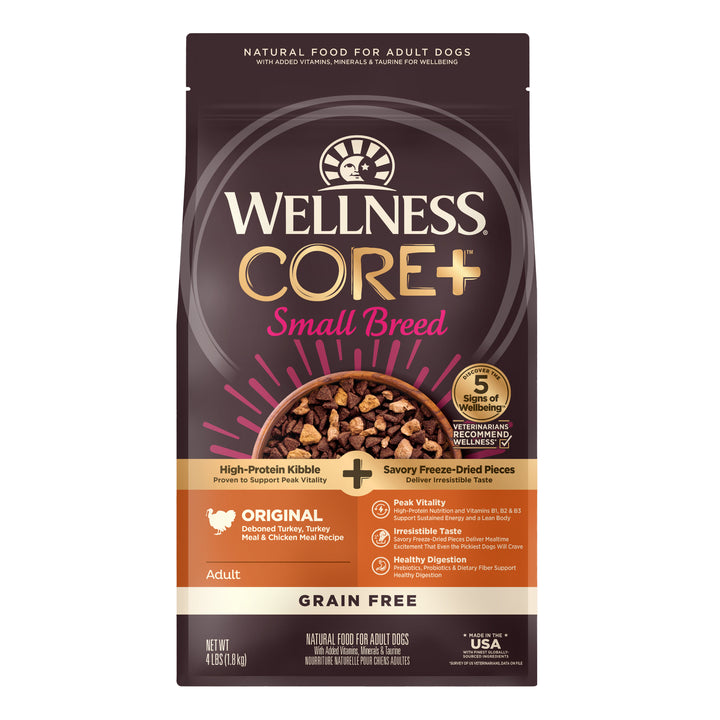 Wellness CORE+ Dry Dog Food with Freeze Dried Pieces, Small Breed, Grain-Free, High Protein, Natural, Original Deboned Turkey, Turkey Meal &amp; Chicken Meal Recipe, (4-Pound Bag)