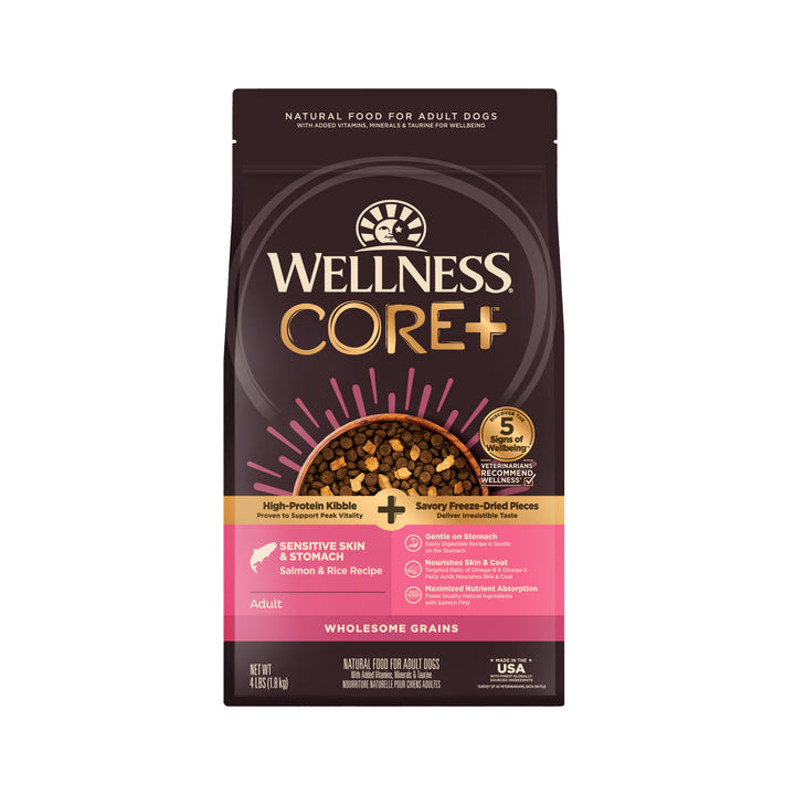 Wellness CORE+ Sensitive Skin &amp; Stomach Dry Dog Food with Freeze Dried Pieces, Wholesome Grains, High Protein, Natural, Salmon &amp; Rice Recipe, (4-Pound Bag)