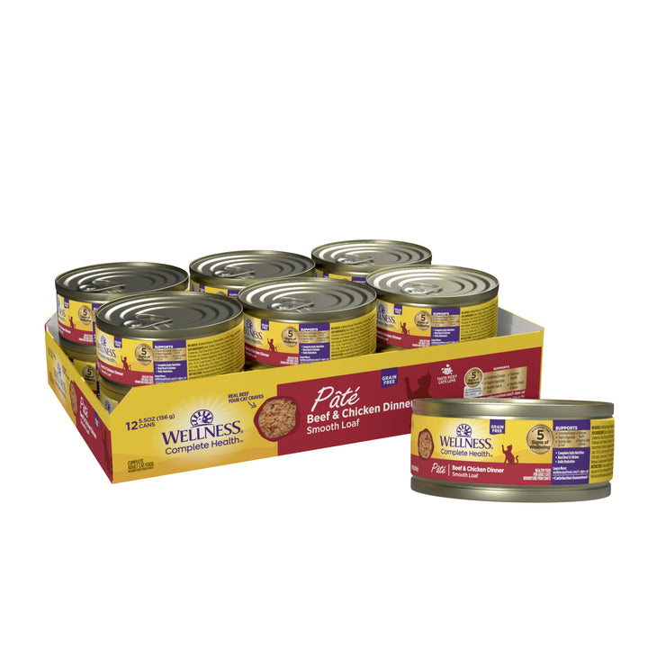 Wellness Complete Health Pate Adult Wet Cat Food, Protein-Rich, Grain Free, 5.5 Ounce, 12 Pack, (Beef &amp; Chicken)