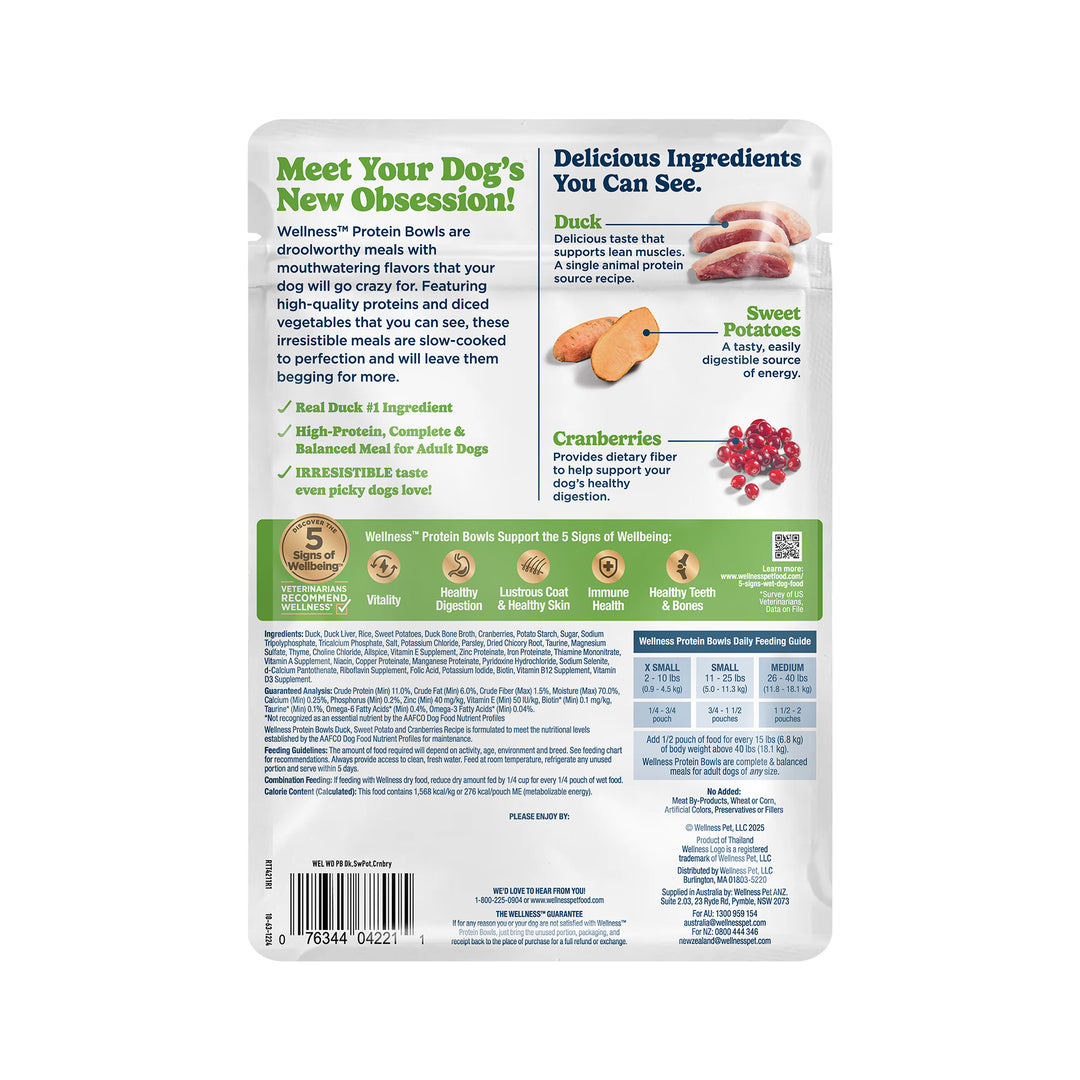 Wellness Protein Bowls, Adult Fresh Alternative Dog Food, Wholesome Grains, 6.2 Ounce Pouch, 6 Pack, (Duck, Sweet Potato &amp; Cranberries Recipe)