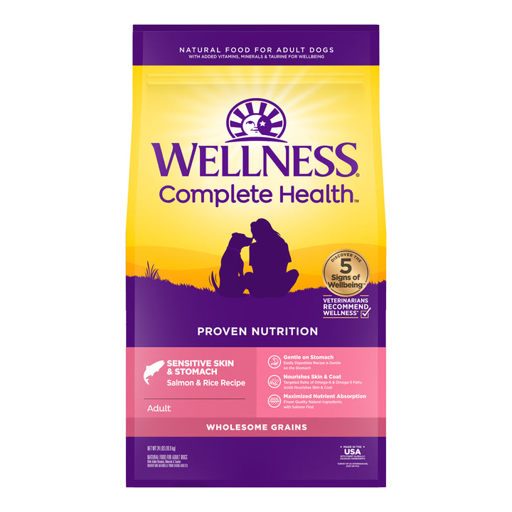 Wellness Complete Health Sensitive Skin &amp; Stomach Dry Dog Food, Wholesome Grains, Natural, Salmon &amp; Rice Recipe, (24-Pound Bag)