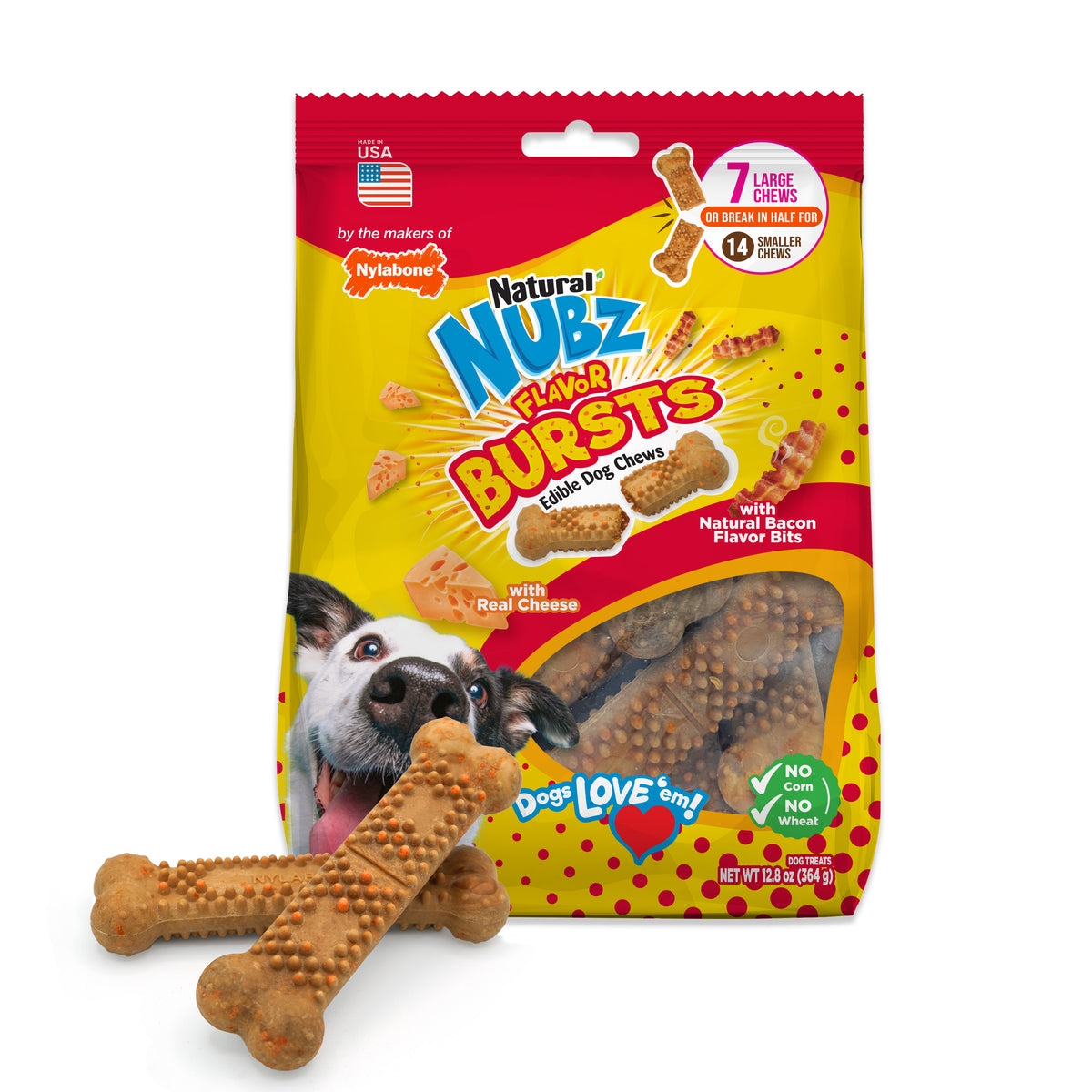 Nylabone Nubz Flavor Bursts Dog Chew Treats Bacon & Cheese Large (7 Count)