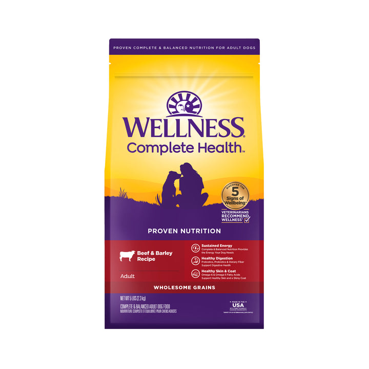 Wellness Complete Health Dry Dog Food, Wholesome Grains, Natural, Beef &amp; Barley Recipe, (5-Pound Bag)
