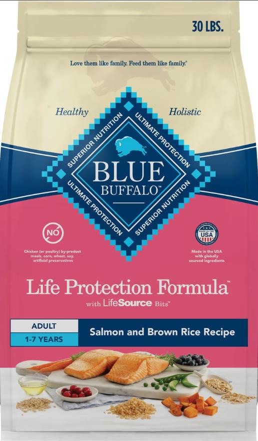 Blue Buffalo Life Protection Formula Adult Dry Dog Food, Natural Ingredients, Salmon &amp; Brown Rice Recipe, Supports Healthy Muscles, 30 lb Bag