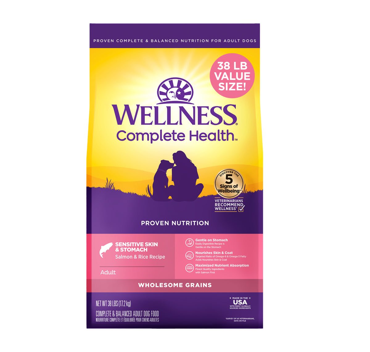 Wellness Complete Health Sensitive Skin & Stomach Dry Dog Food, Wholesome Grains, Salmon & Rice Recipe, 38-Pound Bag