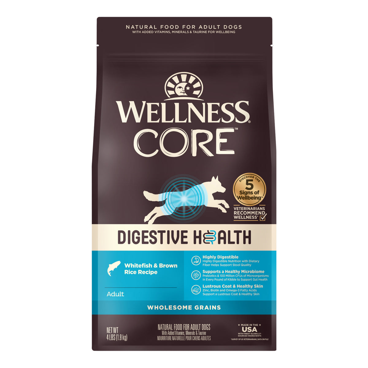 Wellness CORE Digestive Health Dry Dog Food, Wholesome Grains, Natural Ingredients for Dogs with Sensitive Stomachs, Whitefish & Brown Rice Recipe, (4-Pound Bag)