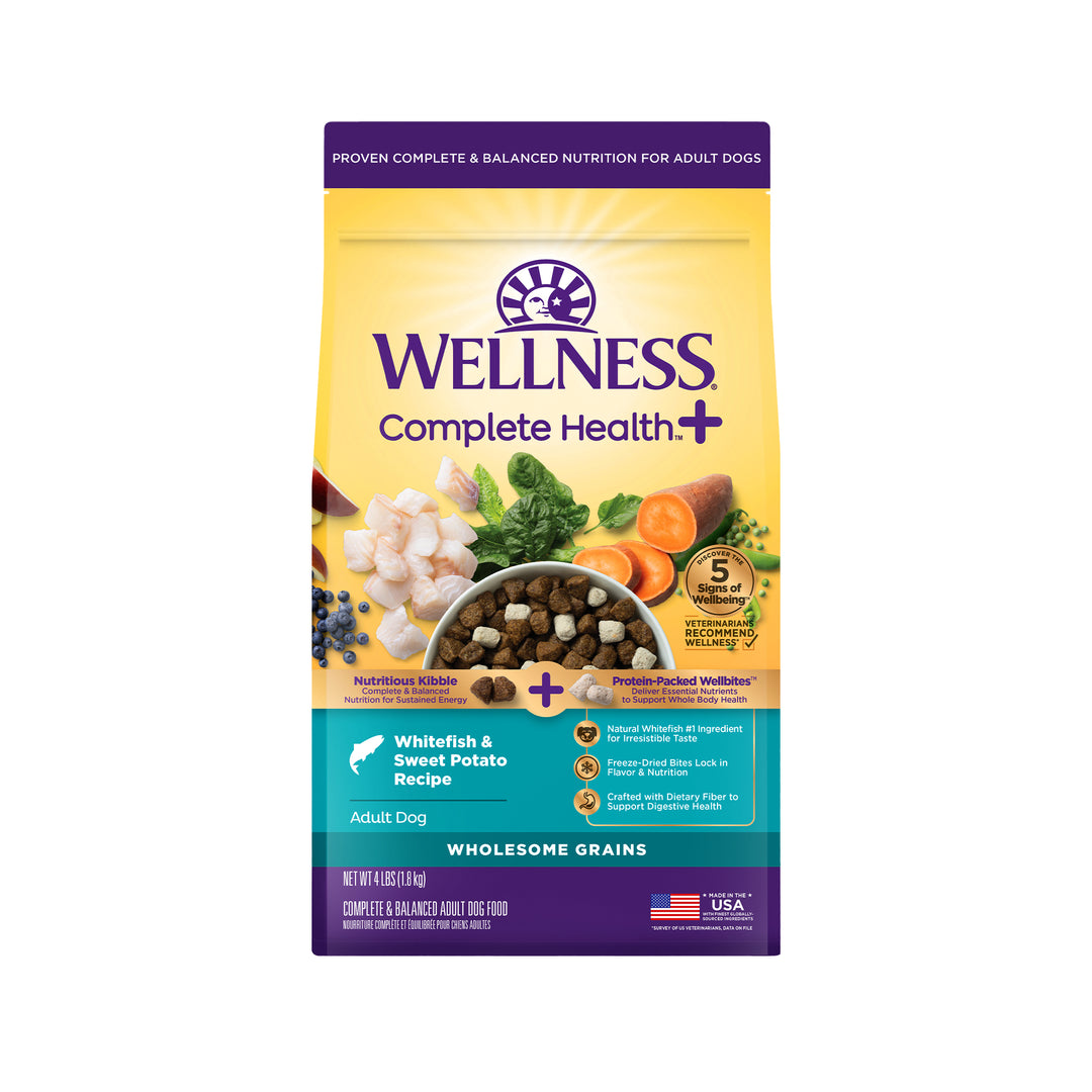 Wellness Complete Health+ Dry Dog Food, Adult Whitefish &amp; Sweet Potato Recipe with Freeze-Dried Wellbites (4 Pound Bag)