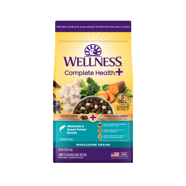 Wellness Complete Health+ Dry Dog Food, Adult Whitefish &amp; Sweet Potato Recipe with Freeze-Dried Wellbites (4 Pound Bag)